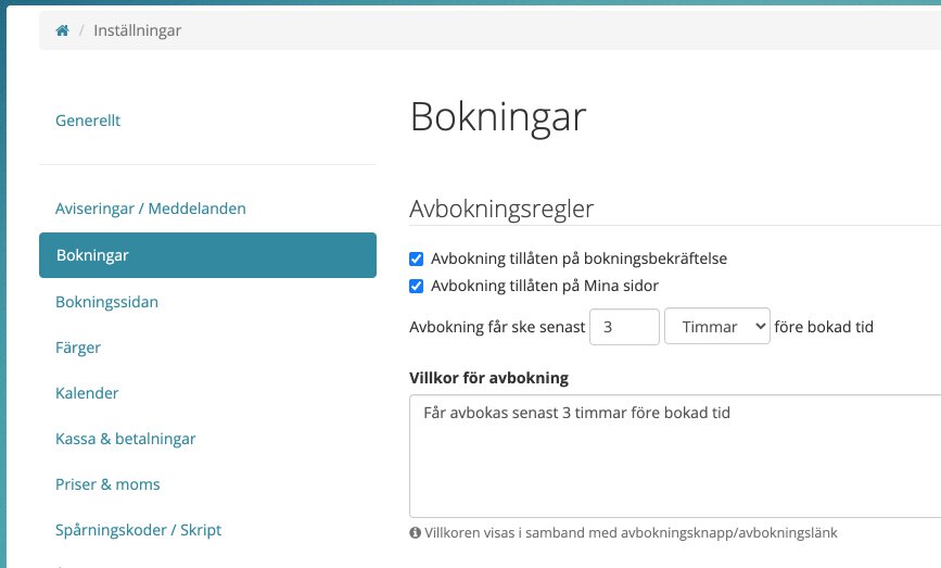 Tillåt avbokning med ny inställning via Inställningar > Bokningar > Avbokningsregler